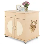 Costway Wood Cat Litter Box Enclosure Hidden Cat Washroom w/2 Scratch Door Cat House Furniture Side End Table
