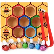 Toddler Fine Motor Skill Toy - Clamp Bee to Hive Matching Game - Montessori Wooden Color Sorting Puzzle Early Learning Preschool Educational Kids Toys