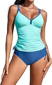 [ZAFUL] Two Piece Swimsuits Ruched Tummy Control Bathing Suit V Neck Tankini Top with Bikini Bottom
