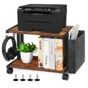Under Desk Printer Stand Cart with Wheels, Hooks, Storage Bag Wood Printer Table