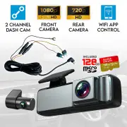 Elinz Dual Lens No Screen Dash Cam 1080P Rear Camera 720P WiFi App Control Supercapacitor 128GB U3 Card Hardwire Kit