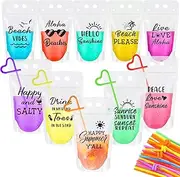 Chengu Summer Drink Pouches with Straws for Adult Beach Translucent Party Beverage Bags Stand up Juice Pouches Plastic Drink Container with Zipper Juice Freezer Bags for Party Favor(30 Sets)