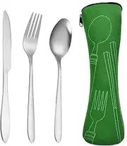 Cutlery Set with Portable Pouch Case, Stainless Steel Flatware Camping Utensil Set with Neoprene Bag for Outdoor Travel Picnic Office School Lunch Box (3 Pcs Green)