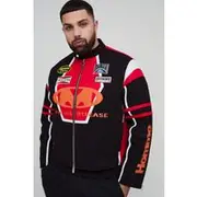 Mens Black Plus Regular Fit Moto Applique Biker Jacket