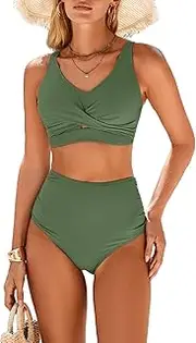 [Herseas] Women's Twist Front Bikini Sets High Waisted Swimsuits V Neck Modest Bathing Suits