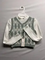Cupcakes & Cashmere Sweater Vest Turtleneck Girls 7/8 Green Argyle Long Sleeves