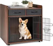 Giantex Dog Crate Furniture - Wooden Dog Cage End Table with 2 Storage Drawers, Latched Door, Pet House Dog Kennel Indoor for Small Dogs, Furniture-Style Dog Crate Side Table, Brown