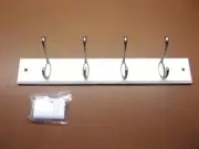 Satin White Coat Rack w/4 Brushed Nickel Double Hooks 18" x 2 3/4" New Old Stock