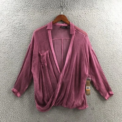 DKNY Blouse Top Womens Small Purple Long Sleeve Collared Pullover Open Front NEW