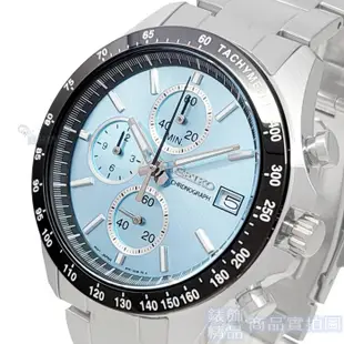 SEIKO精工 SBTR029手錶 日本限定款 黑框 淺藍面 三眼計時 日期 鋼帶 男錶【澄緻精品】