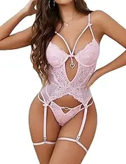 [Aranmei] Women Lingerie Set with Garter Belt Sexy Mesh Floral Lace Corset Cutout Bodysuit Teddy with Panty Leg Rings