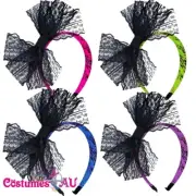 Womens 80s Neon Retro Headband with Bow 1980s Blue Pink Purple Green Headbands