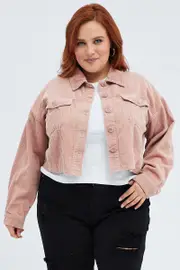 Pink Crop Jacket Corduroy Button Front