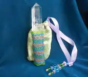 Quartz Crystal Point Beaded Tower Wand in Lime Green Dark Aqua Lavender Gold