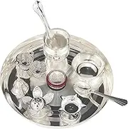 Silver Plated Pooja thali Set 8 Inch with Plate Diya Kalash Bowl Ghanti Dhup Dan Palli Spoon Kumkum Stand Coin Puja Thali for Diwali Home Mandir Office Wedding Return Gift Items