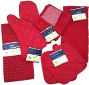 7 PC Holiday Red Kitchen Towel Set Dish Drying Mat &Cloths Potholders Oven Mitt