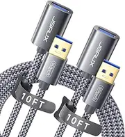 JSAUX 2Pack 3M+3M USB 3.0 Extension Cable, Type A Male to Female USB Extender Cord Nylon Braided Compatible with Webcam, Camera, Phone, USB hub, Mouse, Keyboard, Printer, Hard Drive, Xbox-Grey
