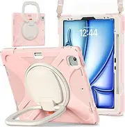 Full Protective Case Case Compatible with iPad Air 13 Inch M3 2025/Air 13" M2 2024,Heavy Duty TPU Shockproof Kids Case,360 Degree Rotating Multi-Function Grip Bracket+Shoulder Strap Rugged Cover(Pink)