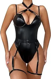 [Generic] Sexy Pants Lingerie for Women Women Erotic Lingerie Sexy Costumes Black Halter Lace Up Leather Bondage Backless Teddy Sexy Lady Bodysuit Latex Underwear Exotic Lingerie for Women