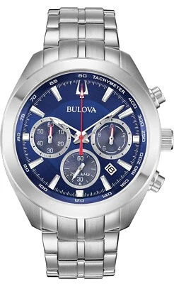 Bulova Men's Quartz Chronograph Blue Dial Silver-Tone 44.5mm Watch 96B285