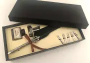 New THE WRITING COLLECTION Black Fleur de Lis Silver FEATHER PEN Calligraphy SET
