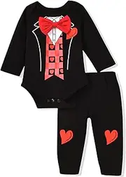 [Fioukiay] Newborn Baby Boy Valentine's Day Outfits Infant Boys Valentines Clothes Bow Tie Wedding Tuxedo Heart Pants Formal Suit