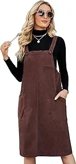 [Flygo] Women's Corduroy Jumper Overall Pinafore Midi Dress Skirt with Pockets