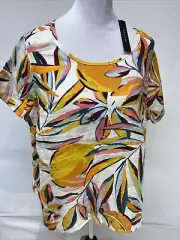 Tahari Women’s Plus 1X Top Colorful Fruit Leaf Linen Boatneck HiLo Top