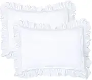Ruffled Pillow Shams White Standard Set of 2 Lace Pillowcases Shabby Chic Bright Farmhouse Ruffle Victorian Country French Decorative Pretty Princess Frilly Pillow Cover Cotton Cute 20x26