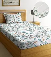 NEW LEAF Premium Microfiber Elastic Fitted Bedsheets with 1 King Size Pillow Covers | Single Coat Bed with All Around Elastic 220 TC Supersoft | Size - 72 x 36 +6 inches | Pastle Blue