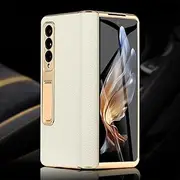 [AILLIIN] Leather Phone Case for Samsung Galaxy Z Fold 5 4 3 Fold4 Fold5 Gold Plating Magnetic Hinge Stand Back Cover with Mirror Film,Lychee Grain White,for Galaxy Z Fold 5