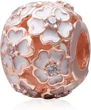 [925 Sterling Silver Flower Charm] Pink Cherry Blossom Charm Flower Charm Authentic 925 Sterling Silver Beads for DIY Charms Bracelets Rose Gold