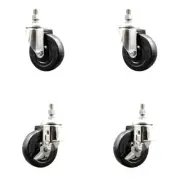 4 Inch 316SS Soft Rubber Wheel Swivel 3/8 Inch Threaded Stem Caster Set 2 Brakes