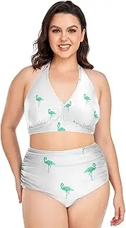 [Caihoyu] Ladies' Plus Size Two-Piecing Swimwear Tummy Control Bathing Suits High Waisted Bikini Swimwear Mint and Gold L