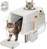 BEST JAJA Stainless Steel Litter Box with Lid, Metal Cat Litter Box SUS304, Extra Large Kitty Box High Sides Jumbo Cat Litter Box with Triple Pedal, Non-Stick, Anti-Leakage (XL White)