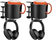 2Pcs Table Cup Holder, with Headphone Hanger, Adjustable Desk Holder Clip on Coffee Mug Organizer, Nonslip Tableside Cup Organizer, for Home Office Outdoors