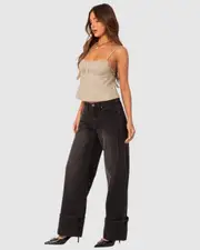EDIKTED Womens Linen Look Open Back Top OLIVE
