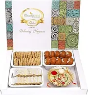 Ghasitaram Gifts Rakhi Gifts for Brothers Big Box of Kaju Katlis, Methi Mathi, Mathura Peda, Pooja Thali and Bhaiya Bhabhi Rakhis