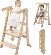 Foldable Toddler Kitchen Tower, Baby Montessori Kitchen Helper with Safety Rail, Kids Wooden Learning Tower Adjustable Learning Step Stool (Natural)