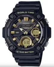 Casio AEQ-120W-9AVDF Men's Analog-Digital Watch – Black Resin Band, Gold Dial
