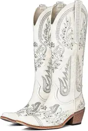 Morakot Western Cowboy Boots for Women Embroidered Distressed Studded Knee High Cowgirl Boots Mid Calf Pointed Toe Chunky Heel Boot Beige EUR34