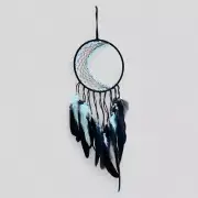 Medium Wall Hanging Crescent Moon Dream Catcher with Black & Light Blue Feathers