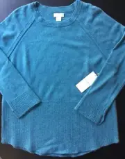 ST. TROPEZ WEST 100% Cashmere Sweater Blue Multi Basket Weave Trim W Zippers L