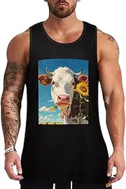 [NQHJT] Men Tank Tops Cow Sunflowers in Blue Sleeveless T Shirts for Men's Fitness Quick Dry Gym Tank Top for Men