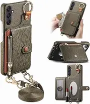 Durable Removable Crossbody Wallet Phone Case for Samsung Galaxy A05S, Zippered Purse,Ring Holder,Integrated Mirror,Card Slot,Multi-Angle Stand in Elegant Pebbled Leather Cover(Light Green)