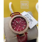 MICHAEL KORS PARKER 水鑽圈 紅色錶盤 酒紅色皮革錶帶 石英 三眼計時 女士手錶 MK6986