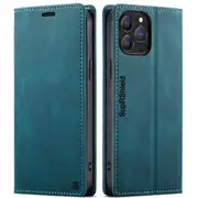 SupRShield For Apple iPhone 14 Pro Case RFID Blocking Retro Flip Premium Leather Card Holder Wallet Cover - Cyan Blue