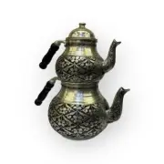 Copper Teapot Set, Turkish Double Tea Kettle Enamel Embroider Ottoman Style
