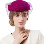[Bciopll] Women Fascinators Hats Black Vintage Wool Wedding Pillbox Tea Party Felt Fedora Red Church Hat Fuchsia