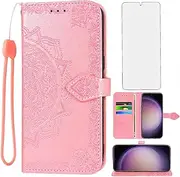 Compatible with Samsung Galaxy S23 5G Wallet Case and Tempered Glass Screen Protector Flip Cover Credit Card Holder Cell Accessories Phone Cases for S 23 23S GS23 G5 SM-S911U 6.5 inch Women Rose Gold